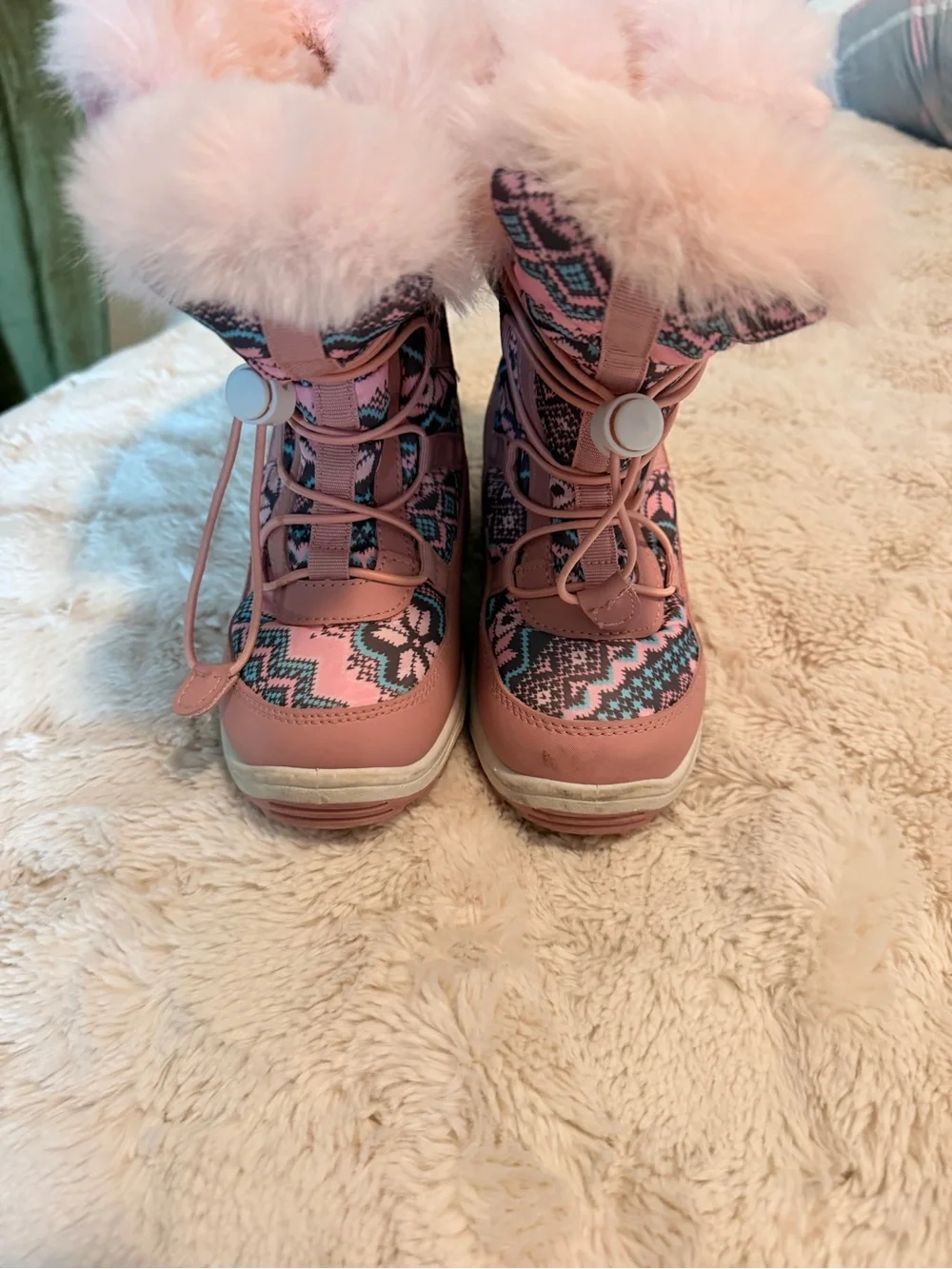 Toddler girl Kids Pink Faux-Fur Winter Boots - Patterned Snow Boots